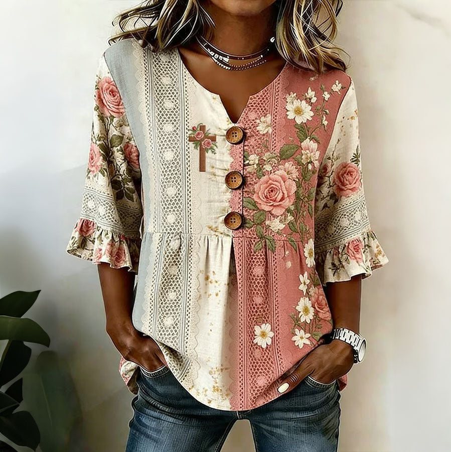 Celeste | Retro Cotton And Hemp Patchwork Blouse