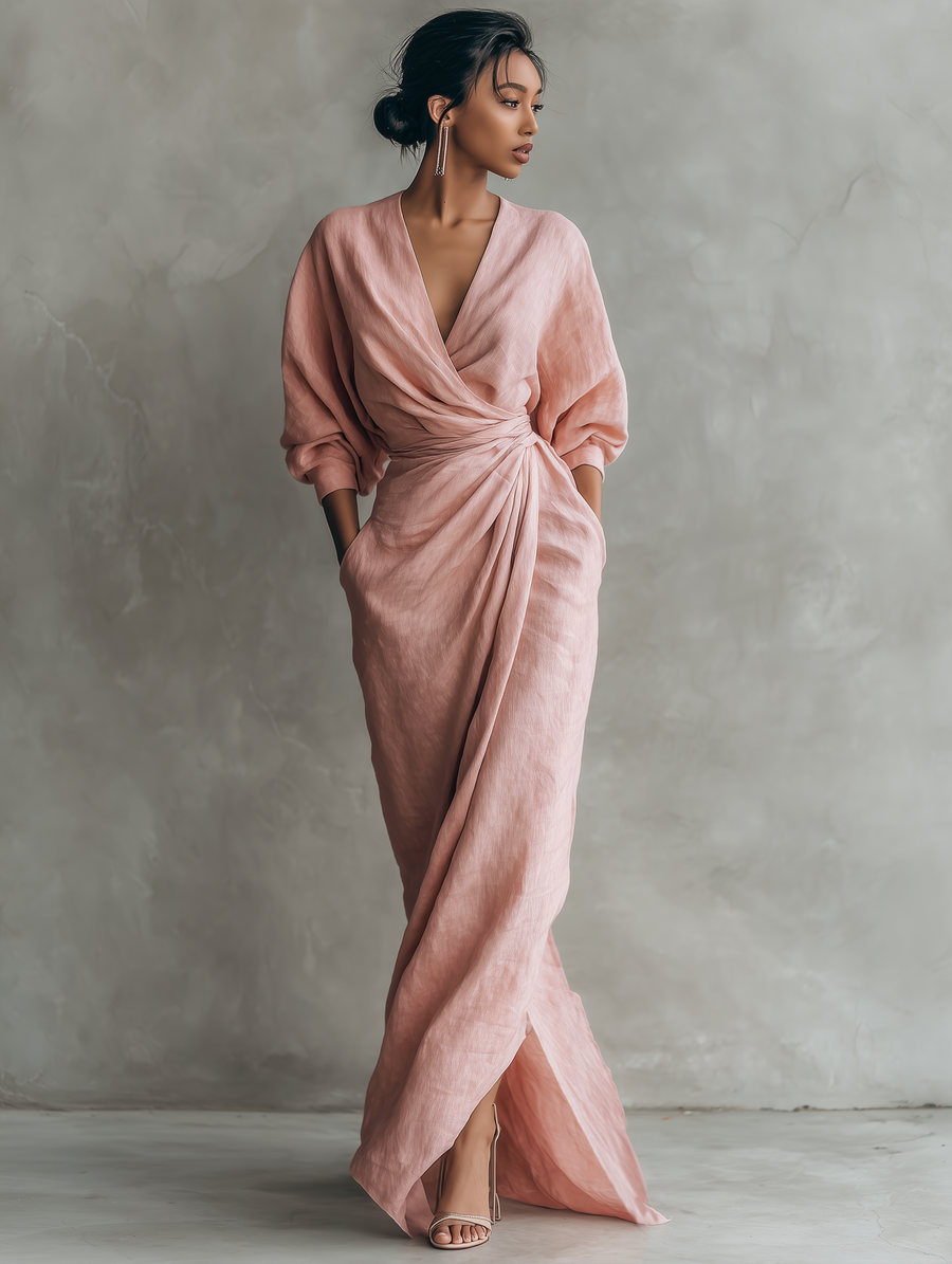 Kate | Women's Minimalist V-neck Linen Blend Maxi Dress