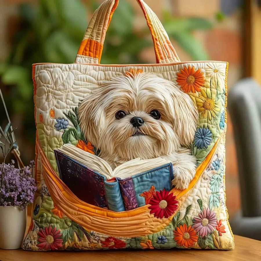 Artisan Tote Bag - Shih Tzu with Books and Flowers