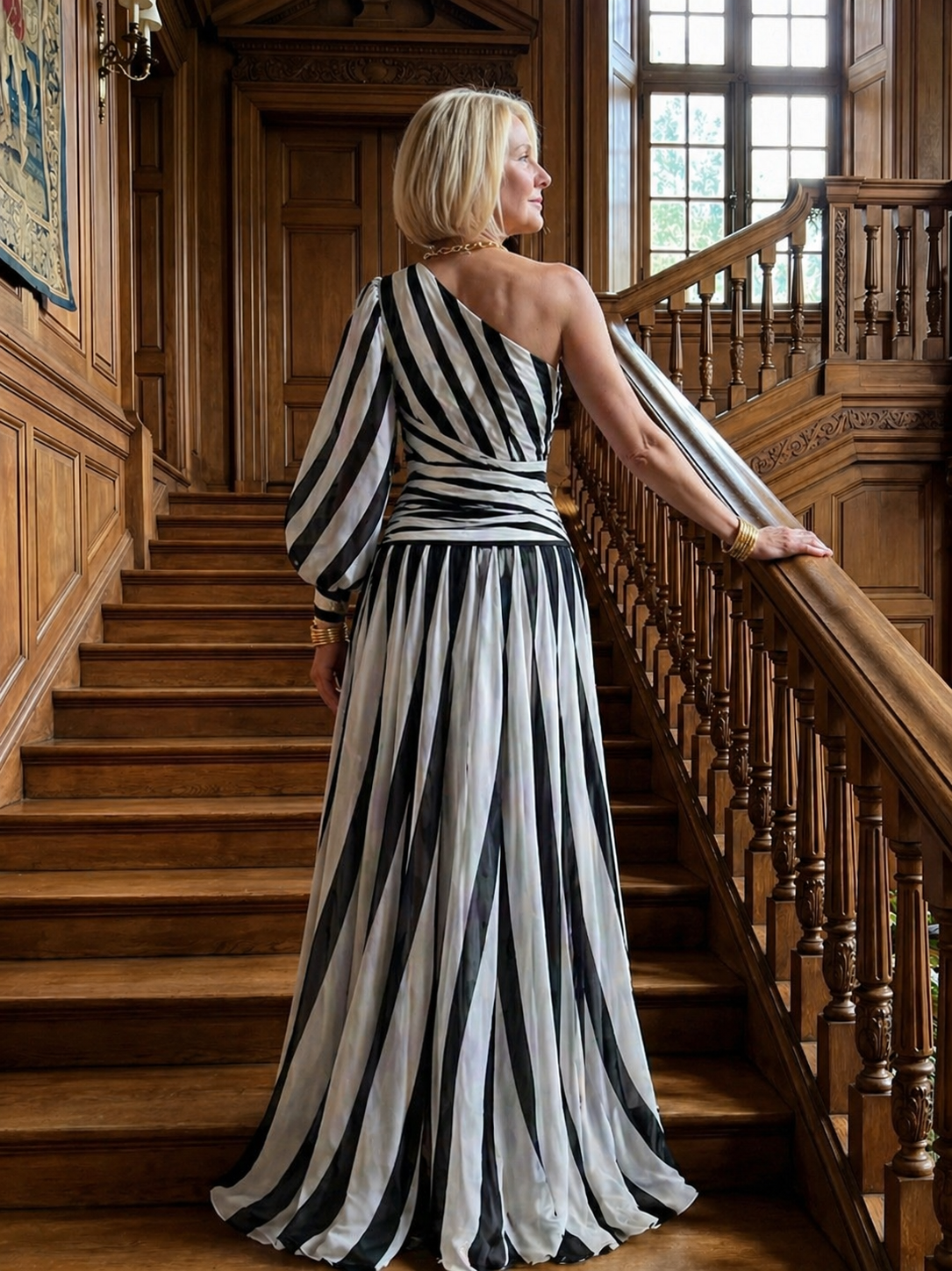 Violet & Grace™ |Elegant Striped Maxi Dress with One Shoulder