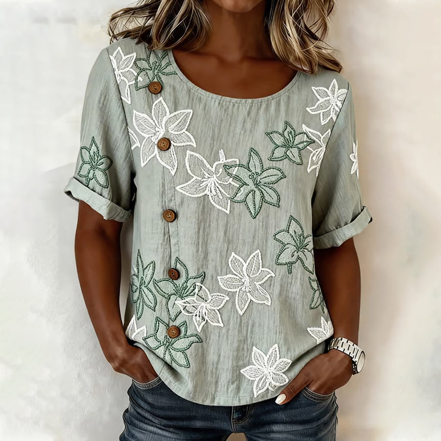 Women'S Button Design Casual Floral Art Short Sleeved T-Shirt