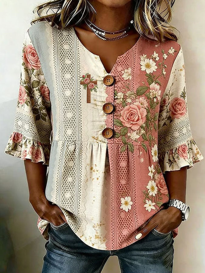 Celeste | Retro Cotton And Hemp Patchwork Blouse