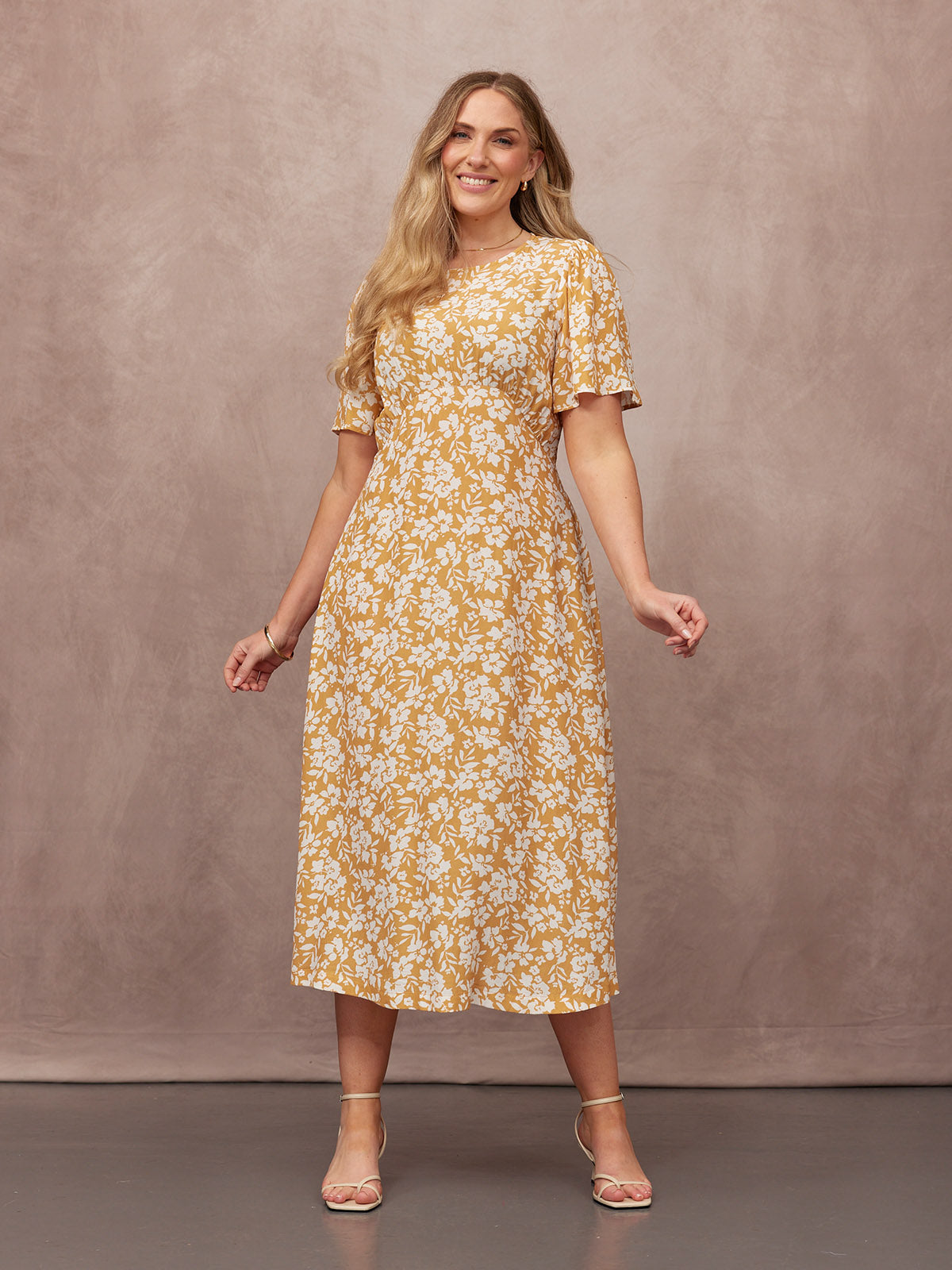 Rupali Angel Sleeve Tea Dress - Mustard & Ecru Floral Print
