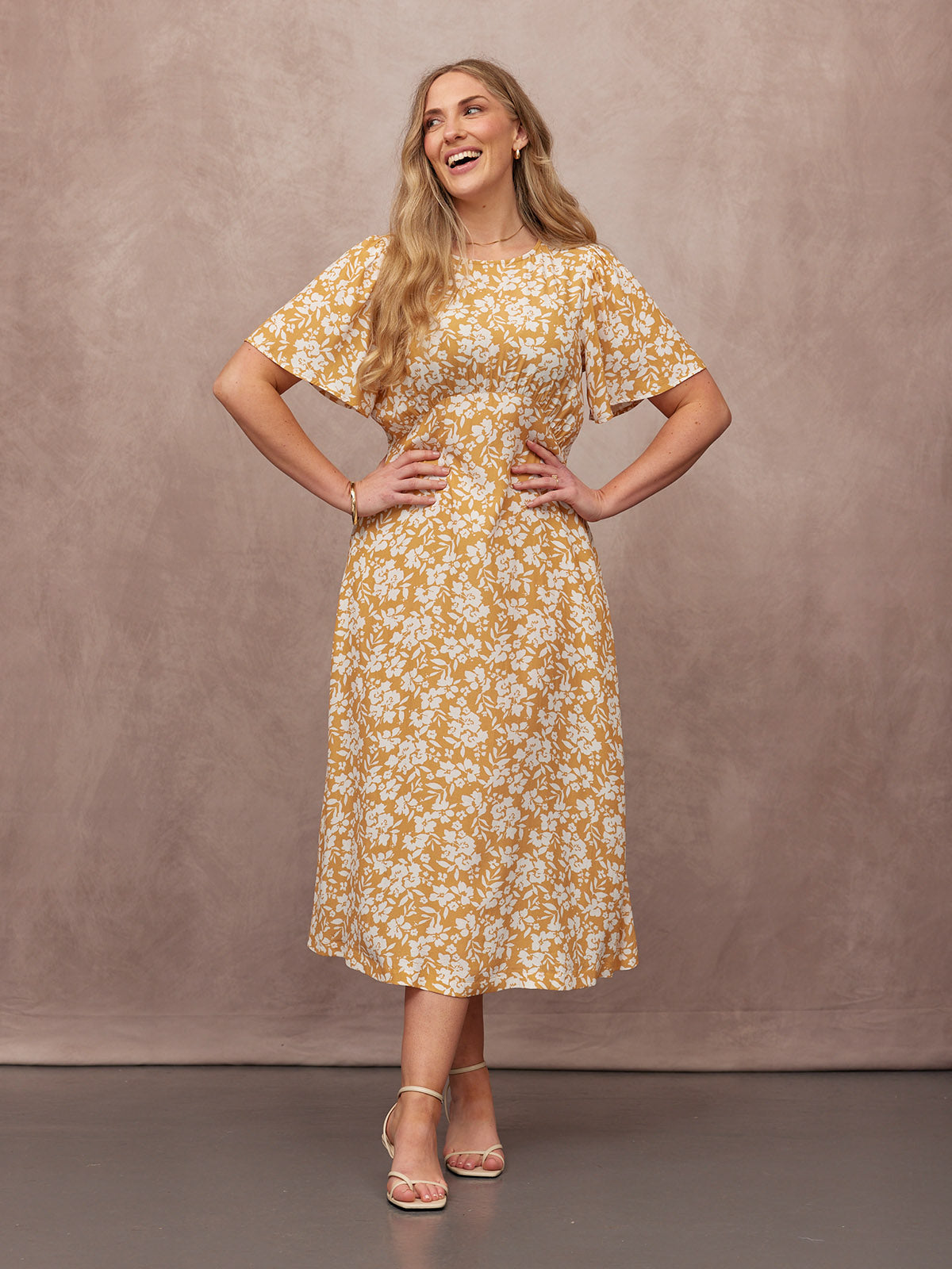 Rupali Angel Sleeve Tea Dress - Mustard & Ecru Floral Print