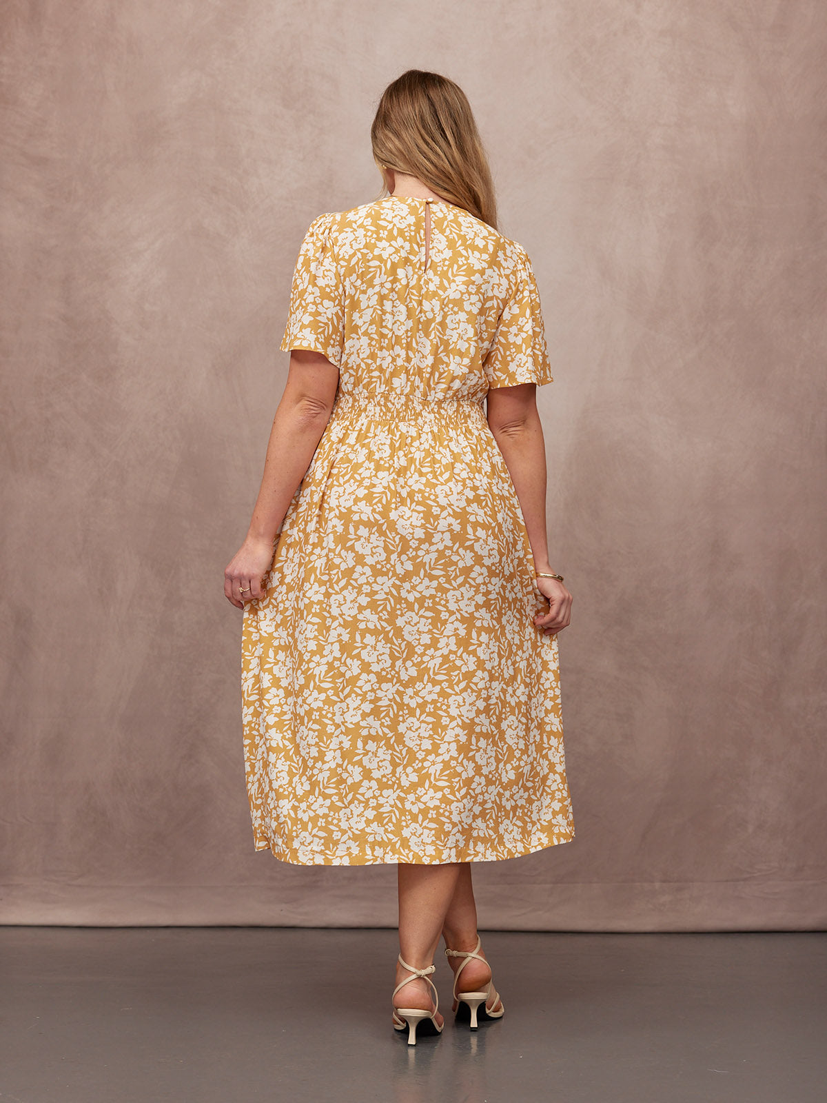 Rupali Angel Sleeve Tea Dress - Mustard & Ecru Floral Print