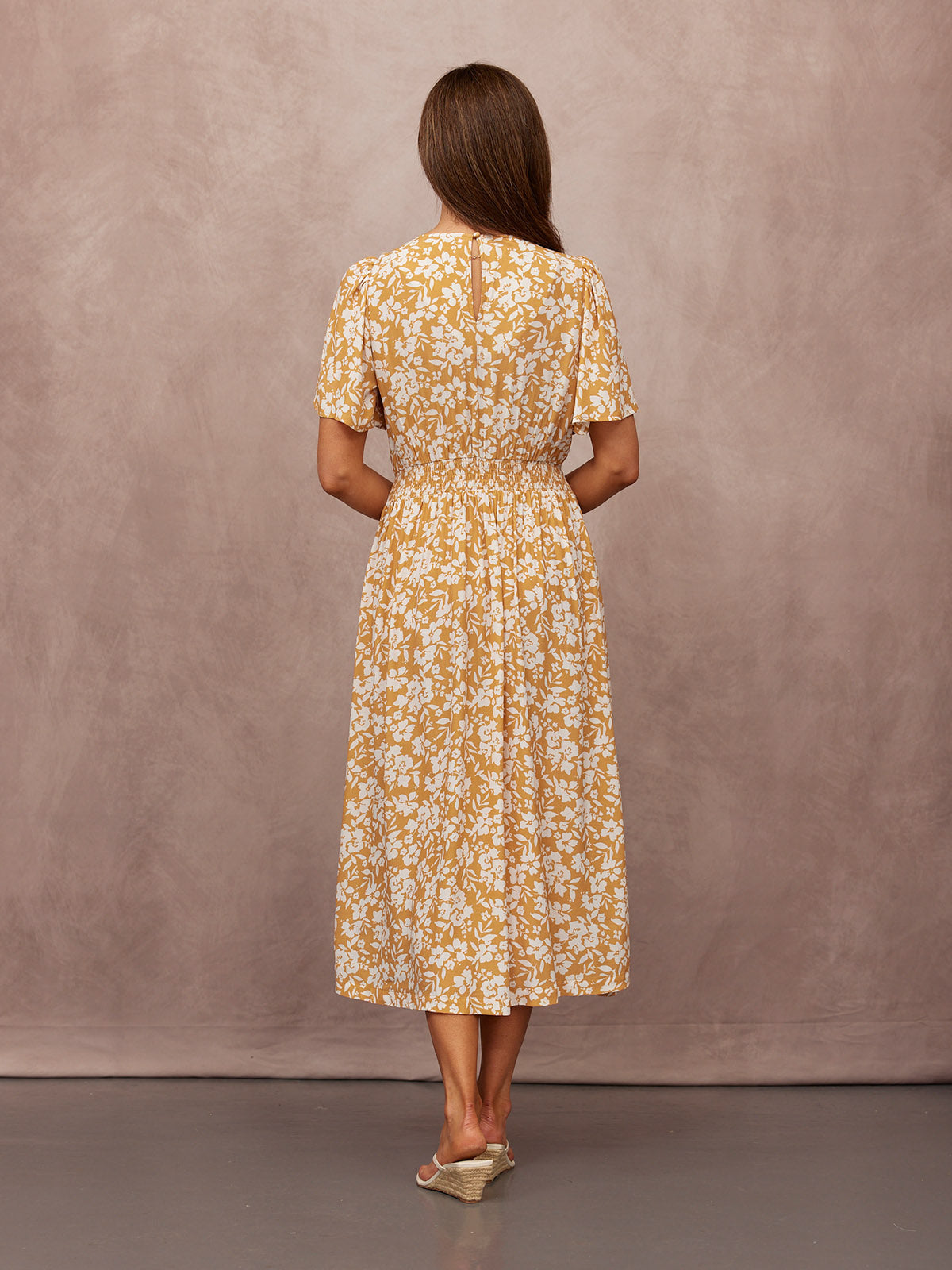Rupali Angel Sleeve Tea Dress - Mustard & Ecru Floral Print