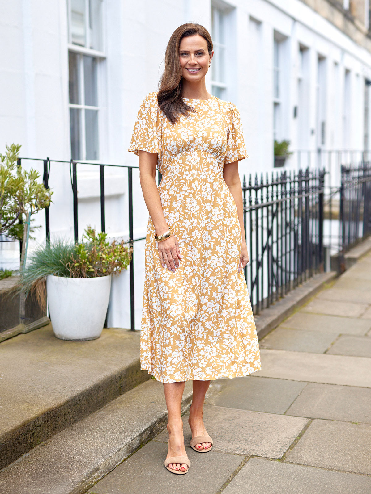Rupali Angel Sleeve Tea Dress - Mustard & Ecru Floral Print