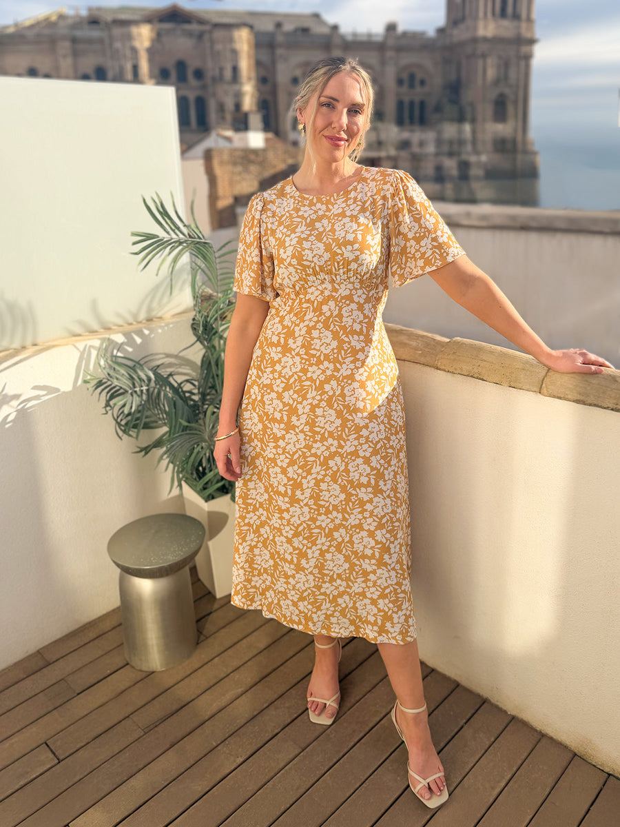 Rupali Angel Sleeve Tea Dress - Mustard & Ecru Floral Print