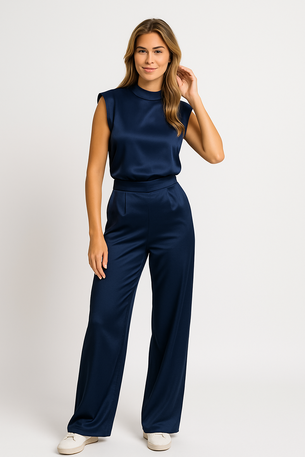 Sleeveless Satin-Look Wide-Leg Jumpsuit
