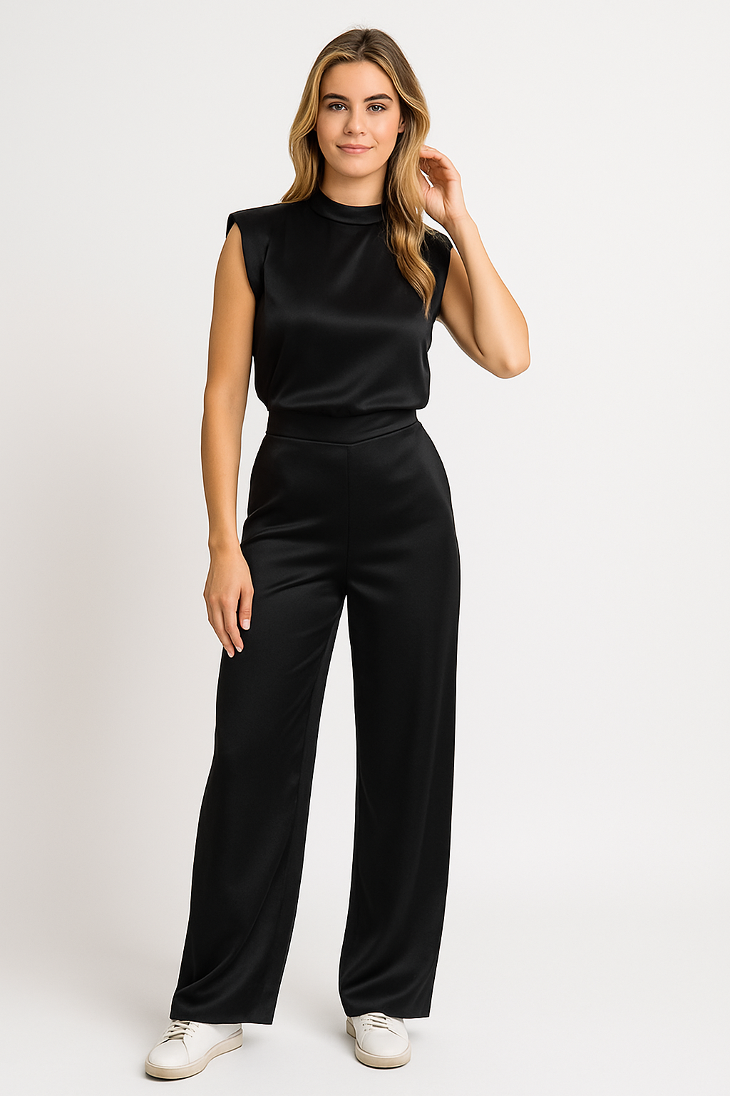 Sleeveless Satin-Look Wide-Leg Jumpsuit