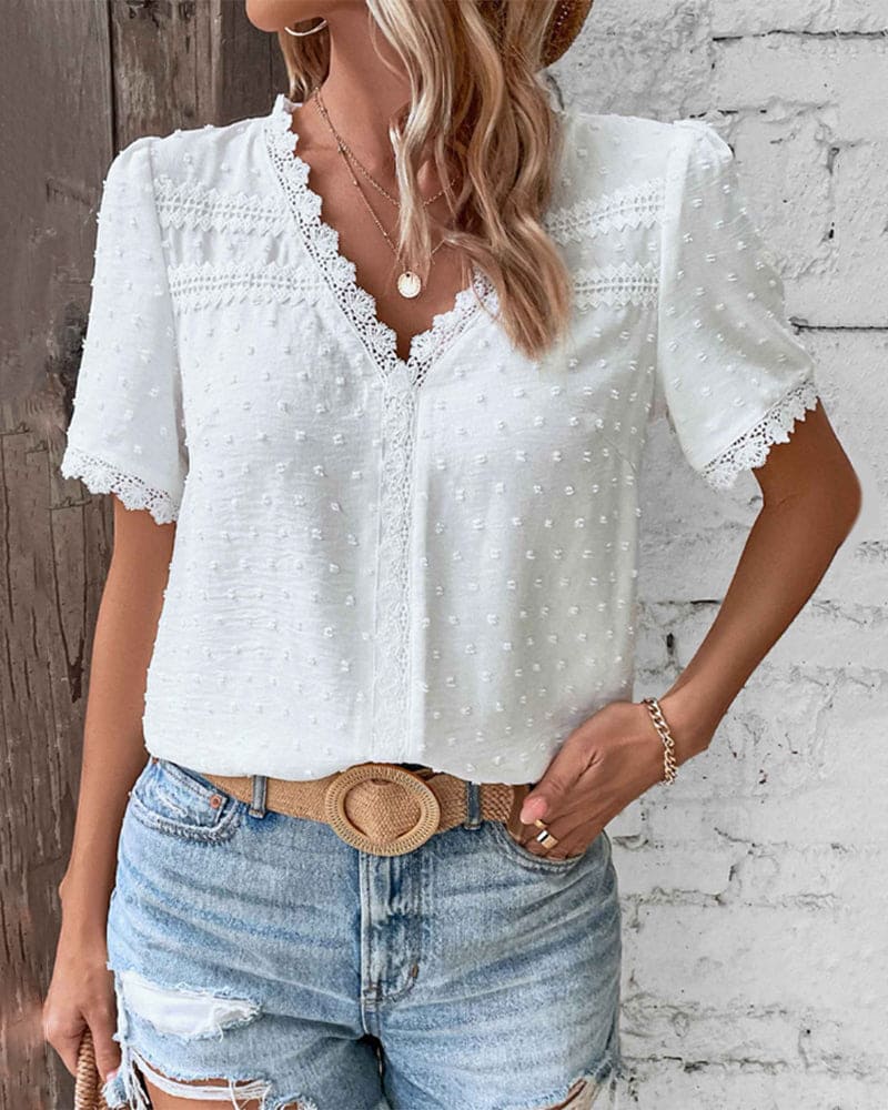 Eloise | White Lace Trim V-Neck Blouse
