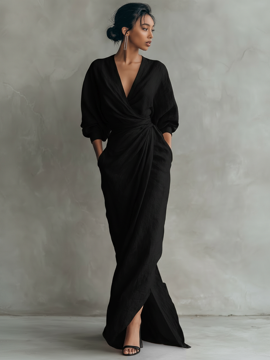 Kate | Women's Minimalist V-neck Linen Blend Maxi Dress