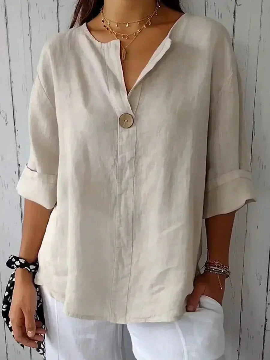 Linen Blouse with V-Neck and Roll Tab Sleeves