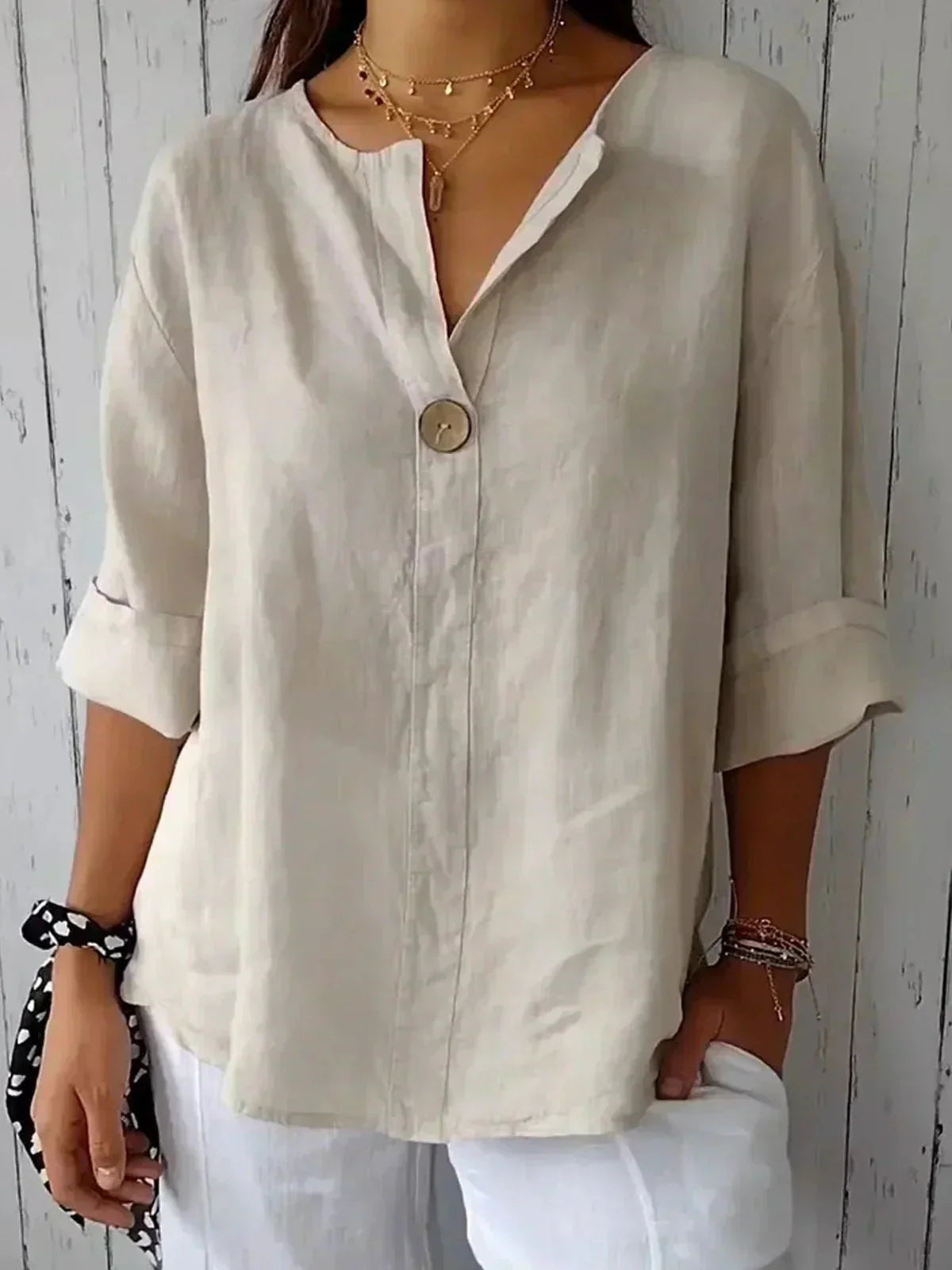 Linen Blouse with V-Neck and Roll Tab Sleeves