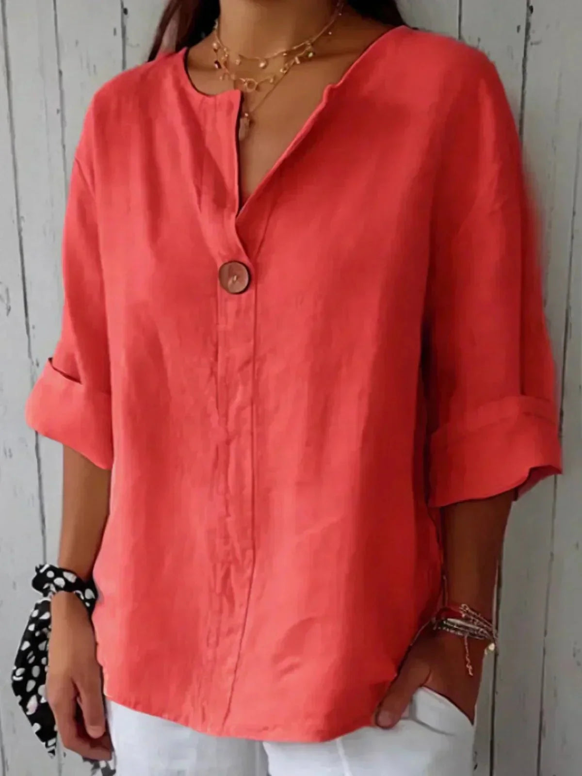 Linen Blouse with V-Neck and Roll Tab Sleeves