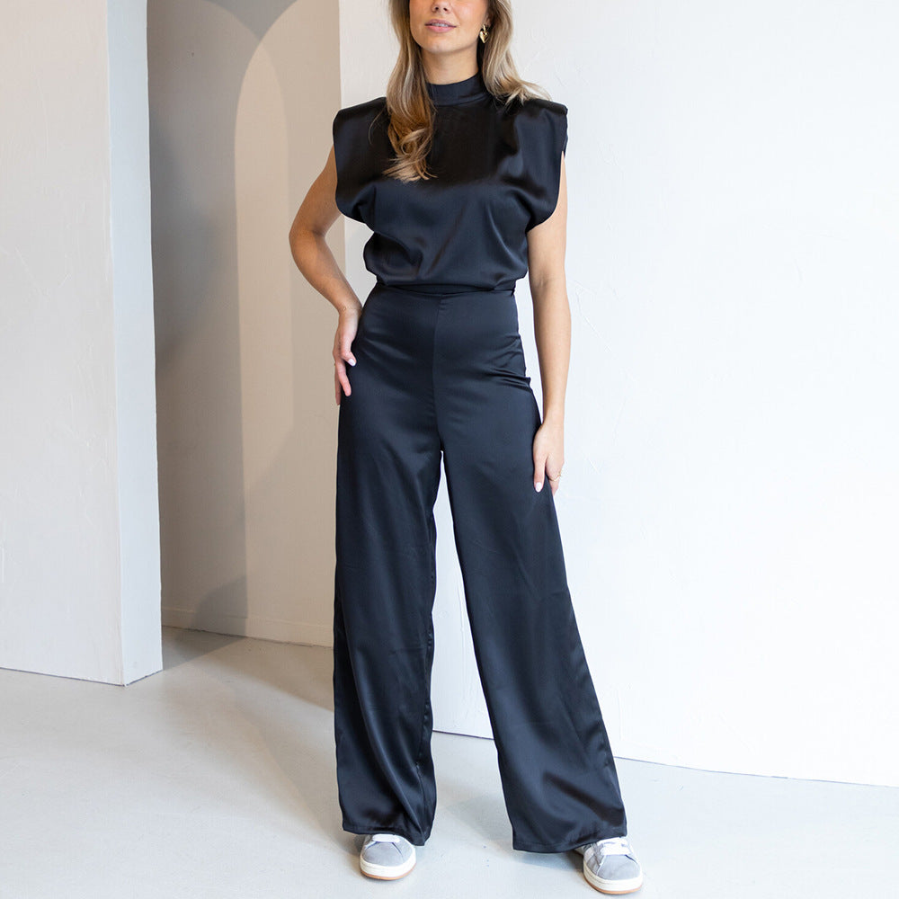 Sleeveless Satin-Look Wide-Leg Jumpsuit