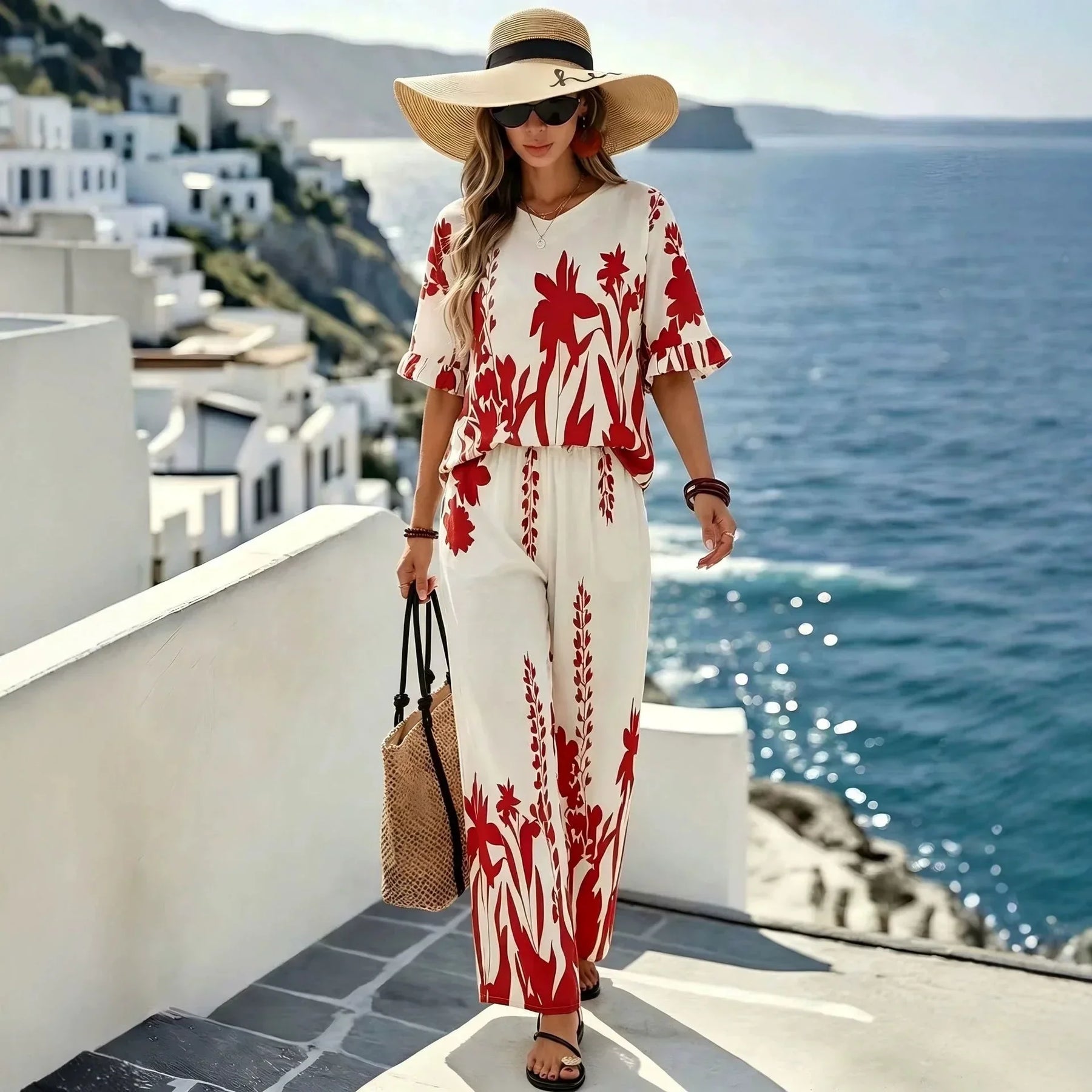 Set Veridiane™ with Flutter-Sleeve Top and Wide-Leg Pants