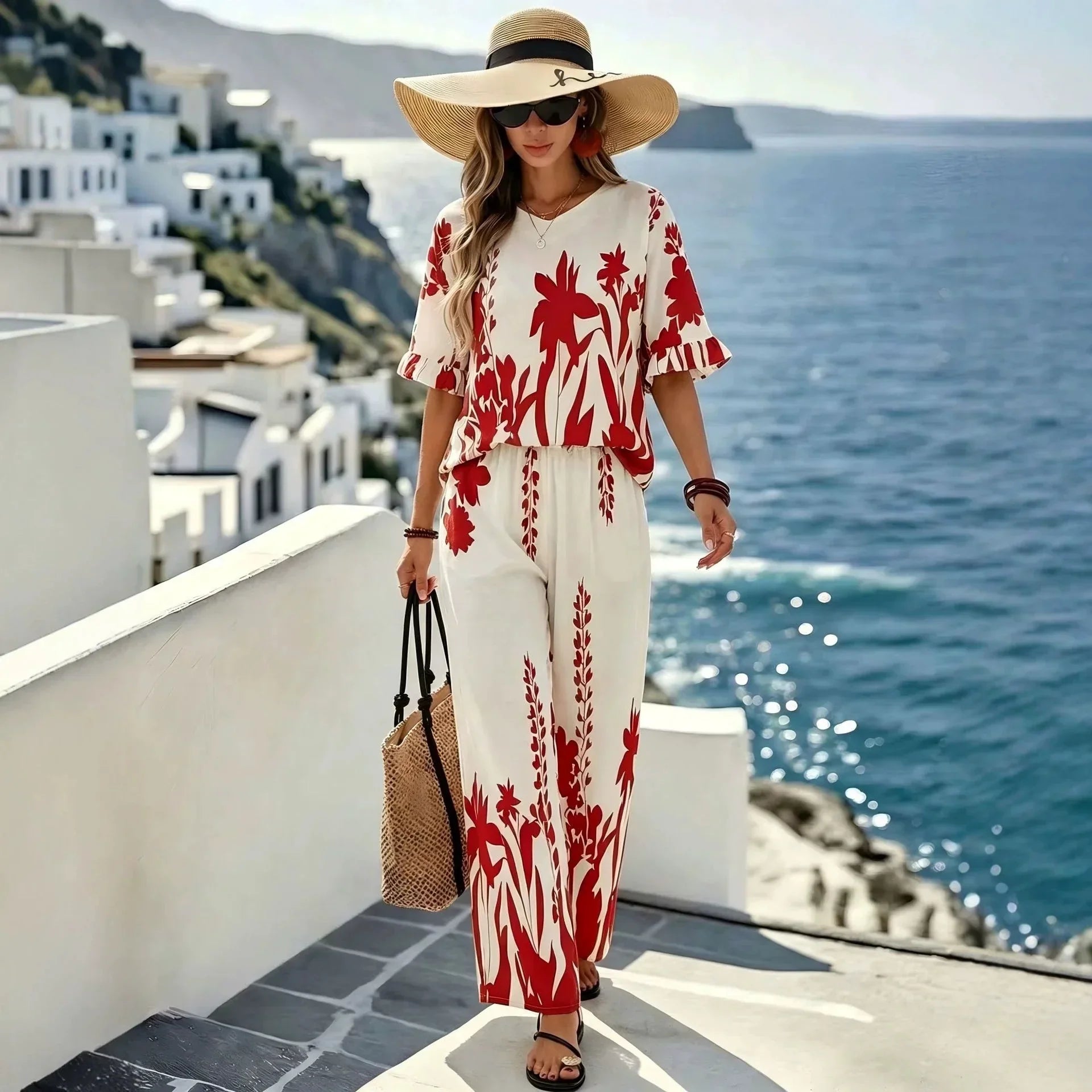 Set Veridiane™ with Flutter-Sleeve Top and Wide-Leg Pants