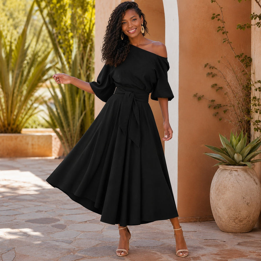 Verona Belle™ Dress with Versatile Neckline and Elegant Waist Tie