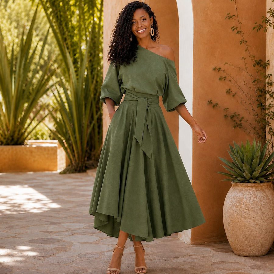 Verona Belle™ Dress with Versatile Neckline and Elegant Waist Tie