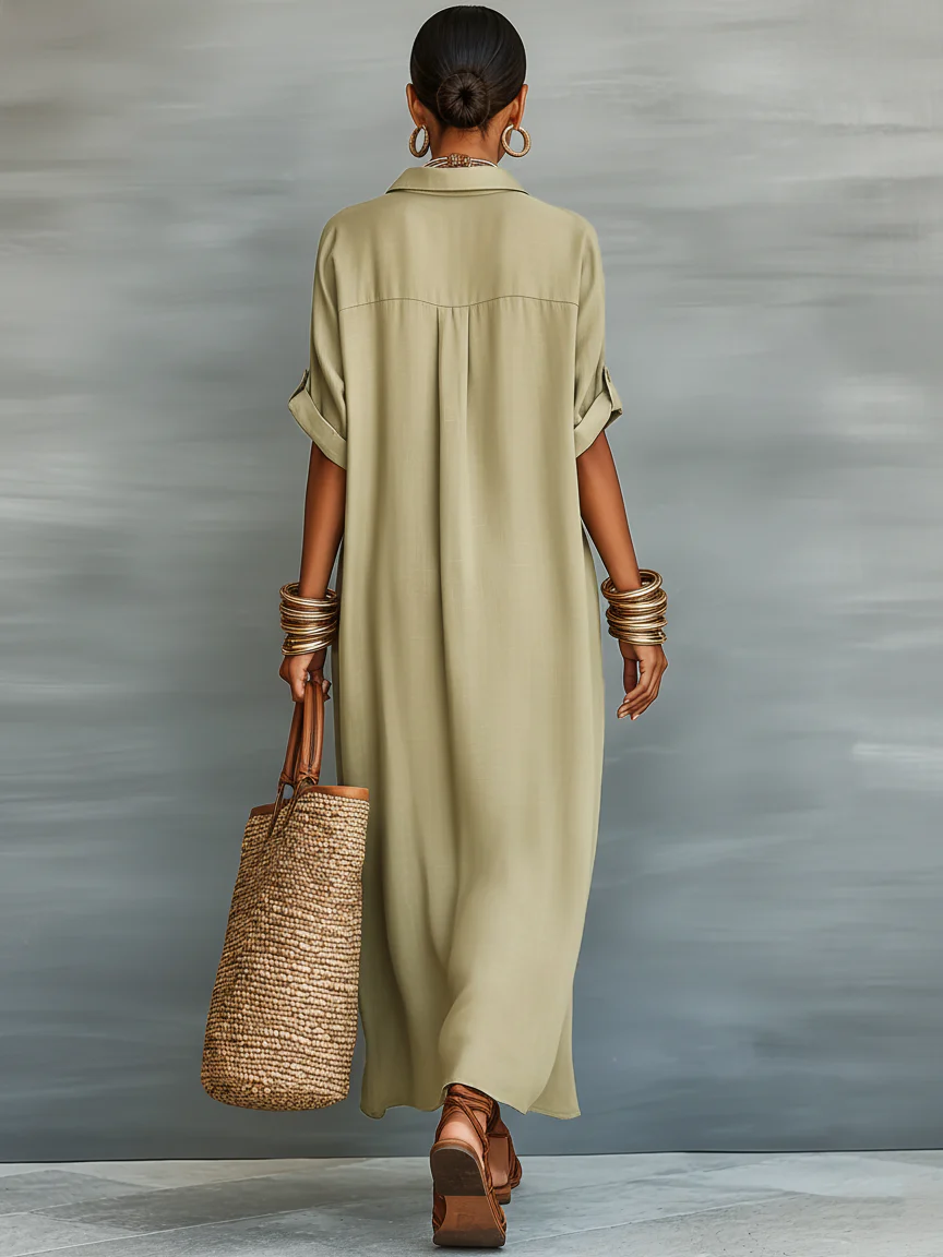 Manelle | Long Olive Green Dress with Minimalist Lines