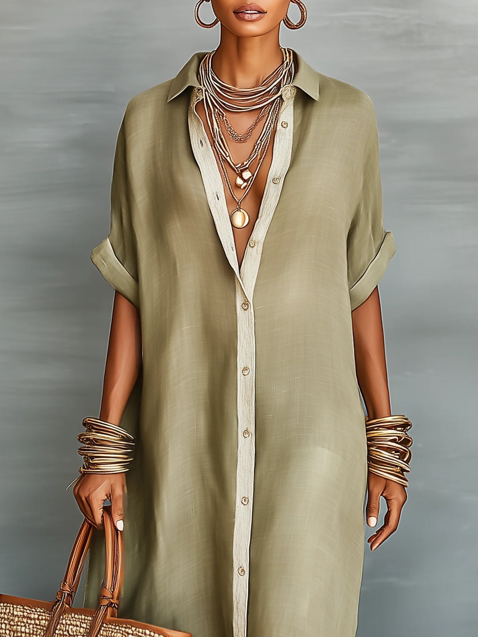 Manelle | Long Olive Green Dress with Minimalist Lines