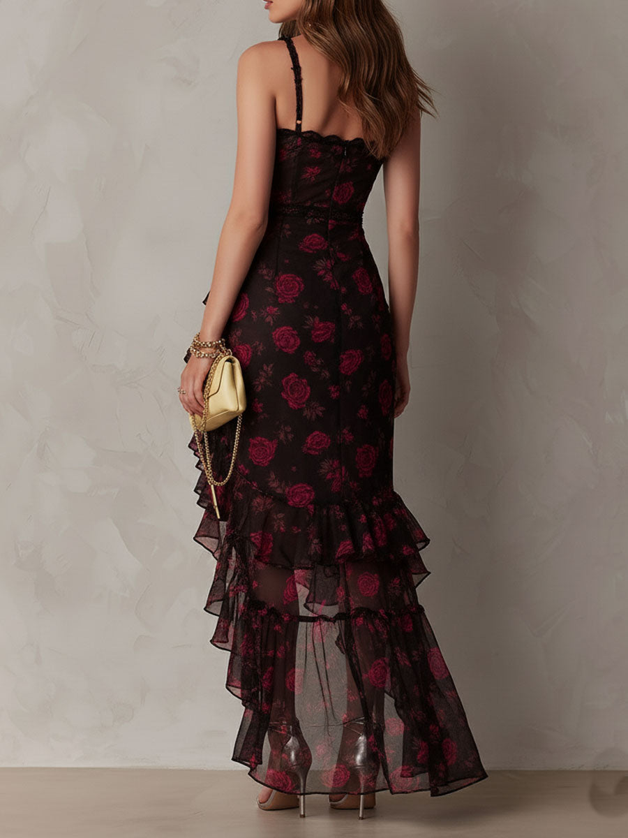 Scarlett | Black & Red Floral Ruffle Dress
