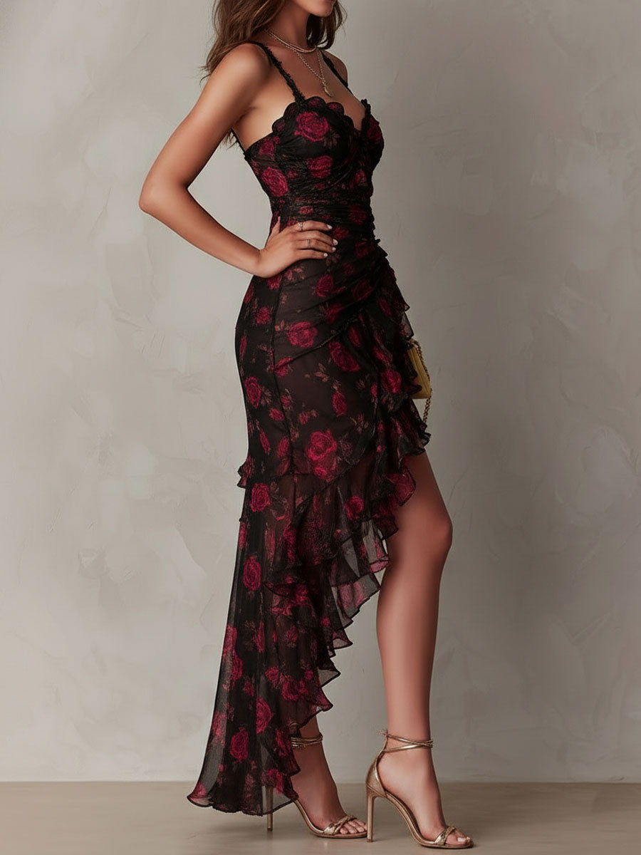Scarlett | Black & Red Floral Ruffle Dress