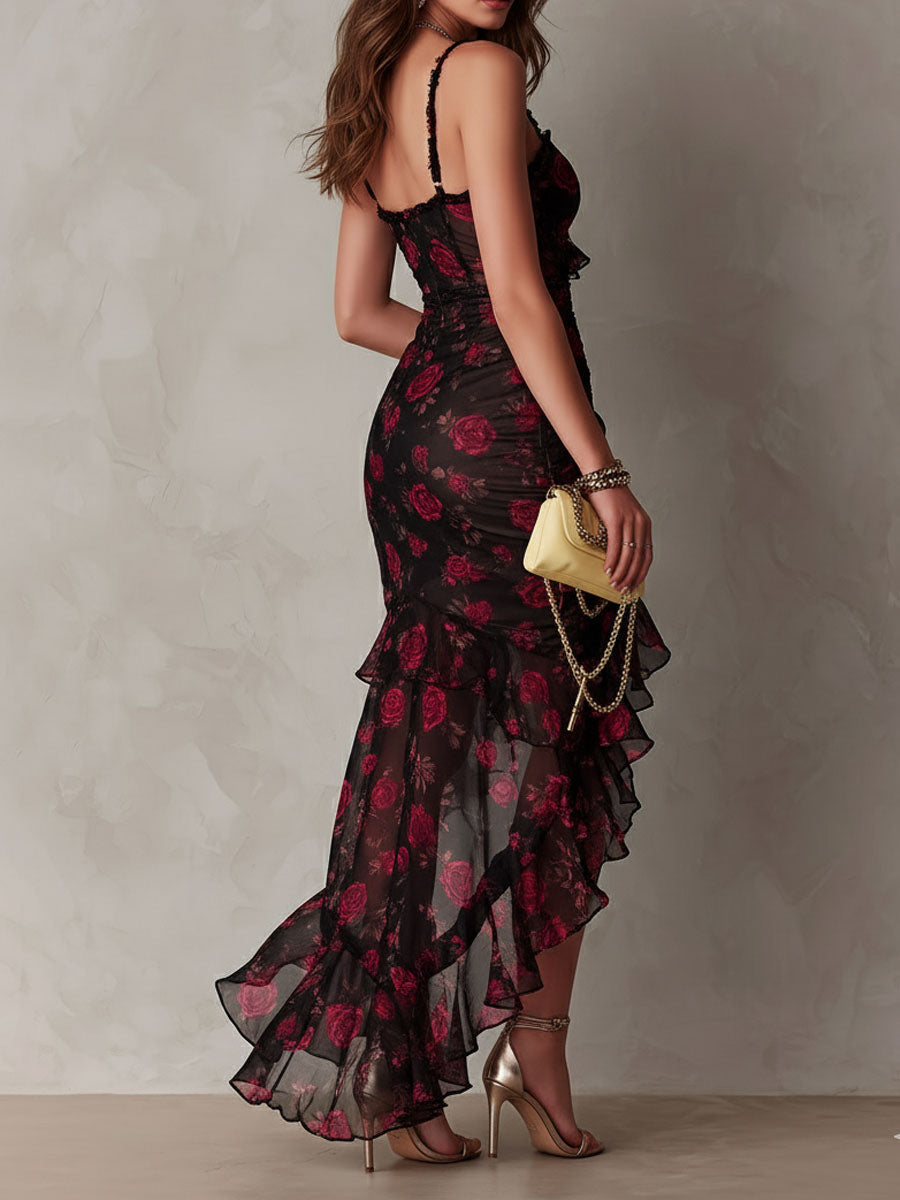 Scarlett | Black & Red Floral Ruffle Dress