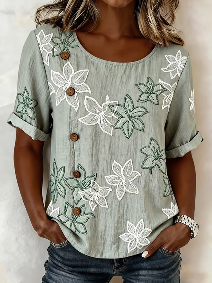 Women'S Button Design Casual Floral Art Short Sleeved T-Shirt
