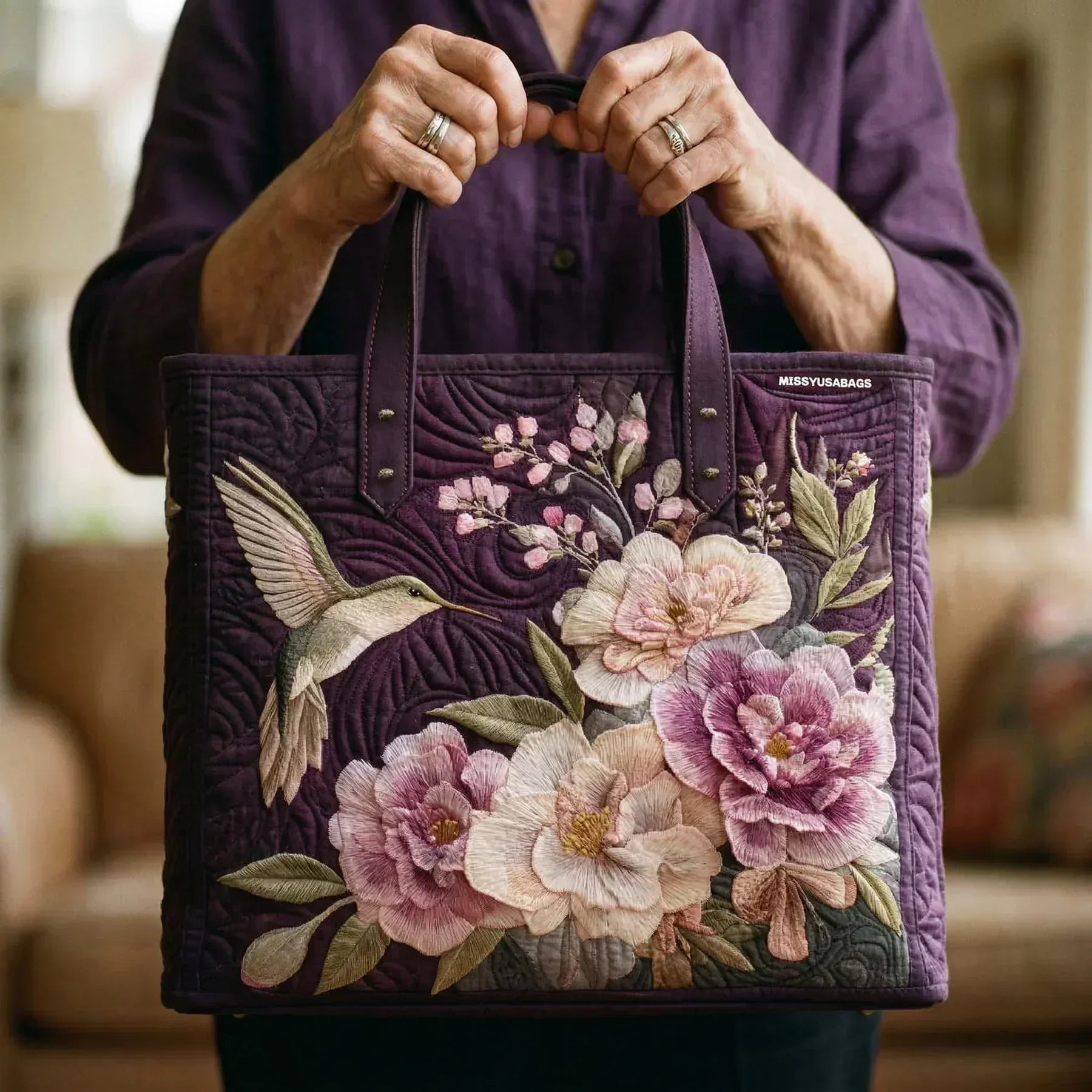 Quilted Tote Bag - Hummingbirds and Orchids