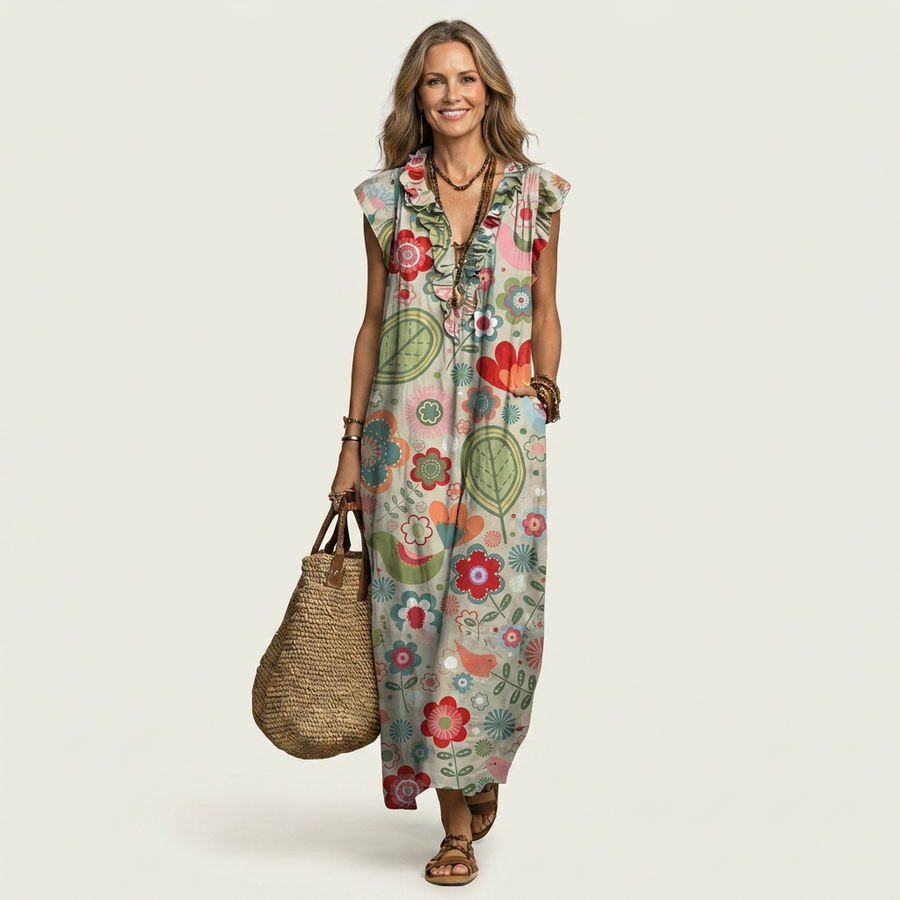 Josette | Ruffle V-Neck Linen Maxi Dress 3