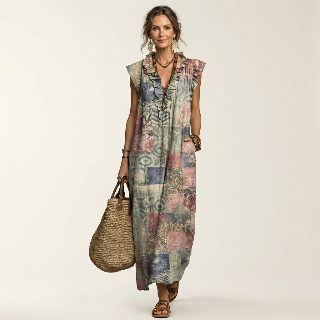 Josette | Ruffle V-Neck Linen Maxi Dress 4
