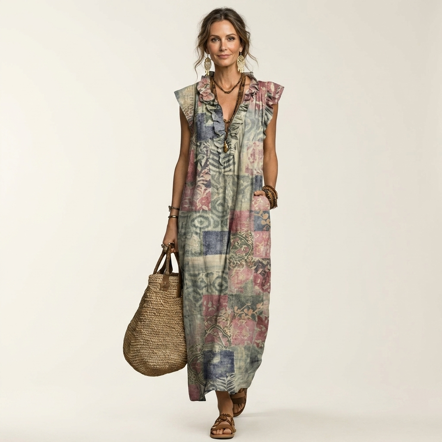 Josette | Ruffle V-Neck Linen Maxi Dress 4