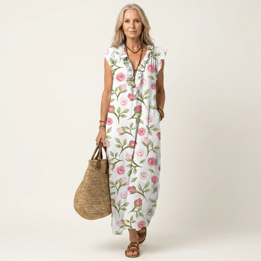 Josette | Ruffle V-Neck Linen Maxi Dress 6