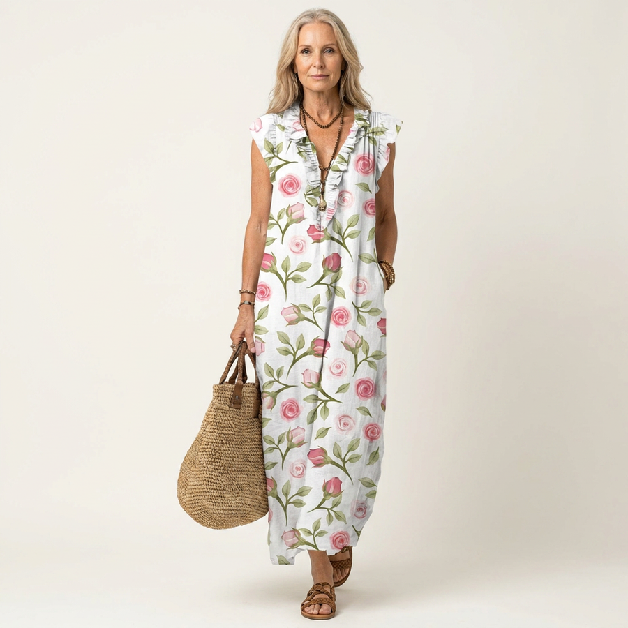 Josette | Ruffle V-Neck Linen Maxi Dress 6