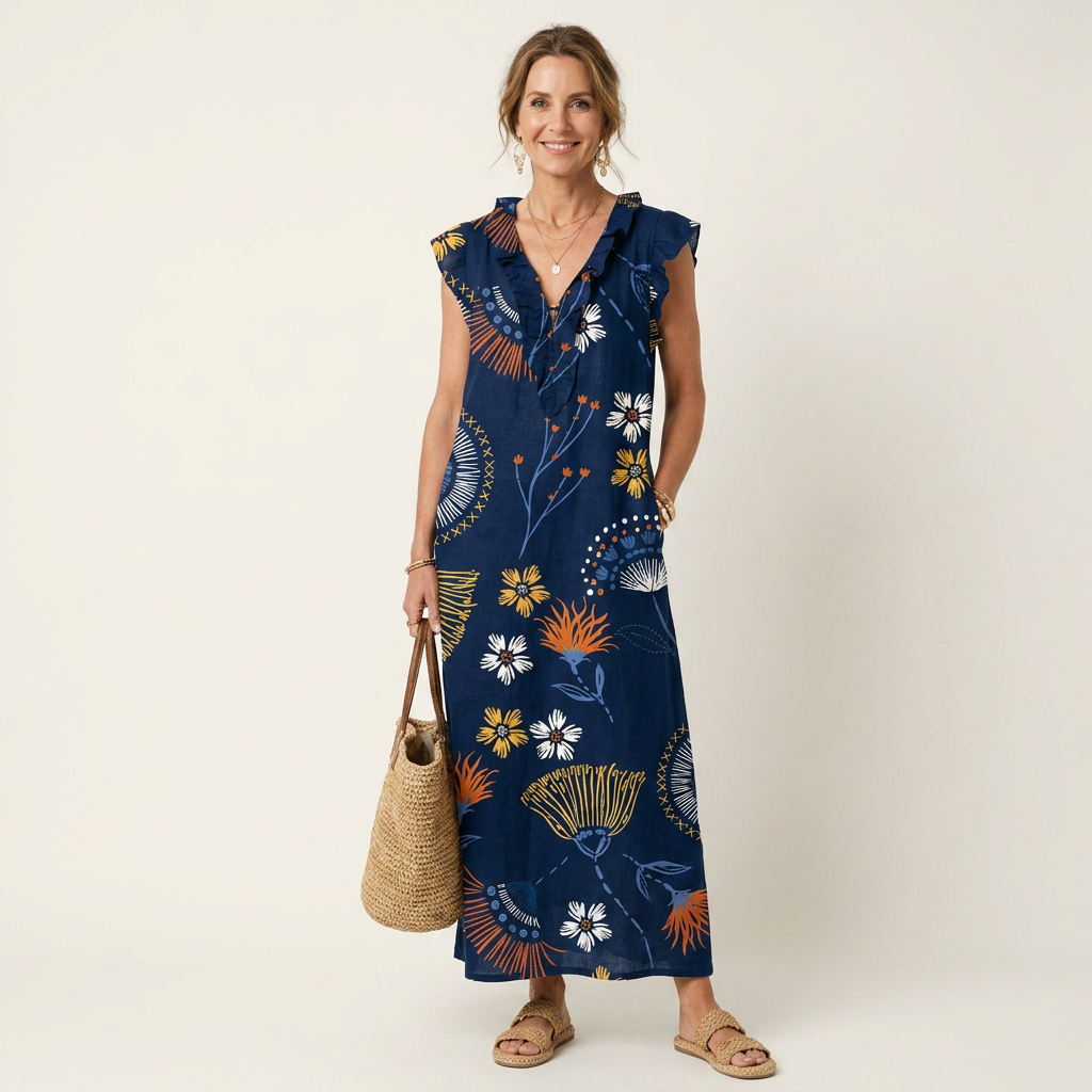 Josette | Ruffle V-Neck Linen Maxi Dress 7
