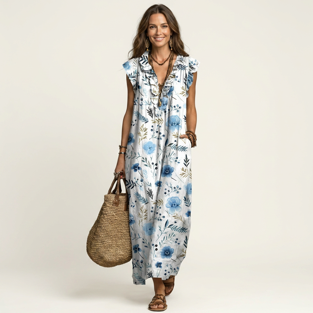 Josette | Ruffle V-Neck Linen Maxi Dress 11
