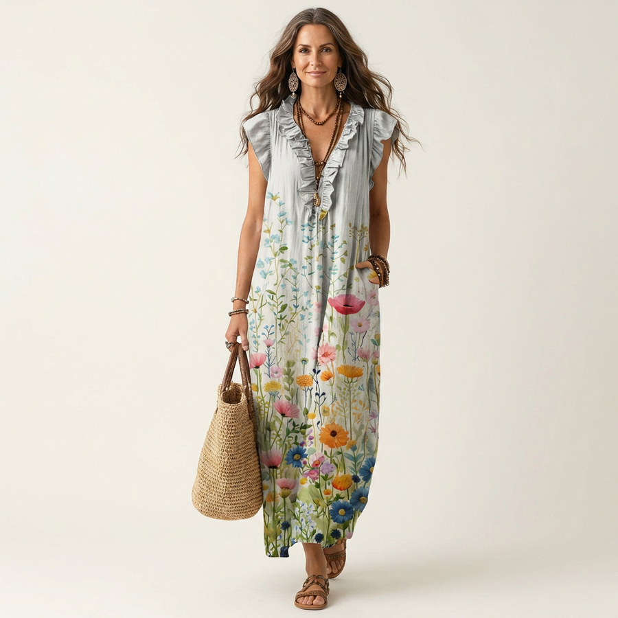 Josette | Ruffle V-Neck Linen Maxi Dress 16