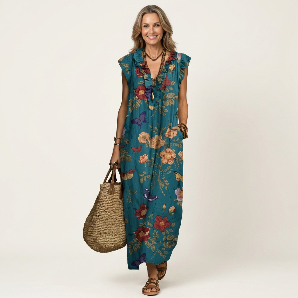 Josette | Ruffle V-Neck Linen Maxi Dress 17
