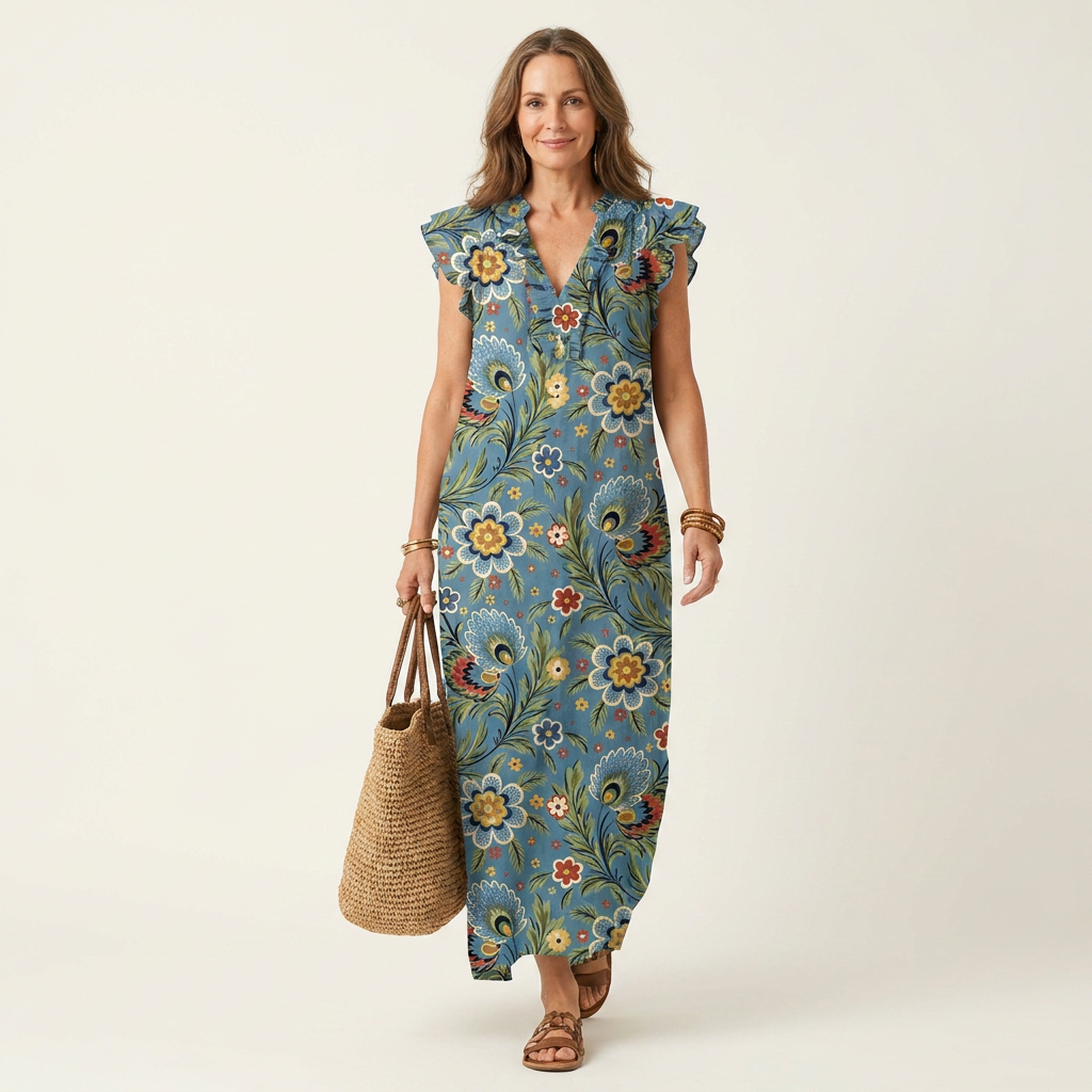 Josette | Ruffle V-Neck Linen Maxi Dress 18