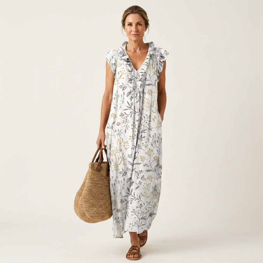 Josette | Ruffle V-Neck Linen Maxi Dress 23