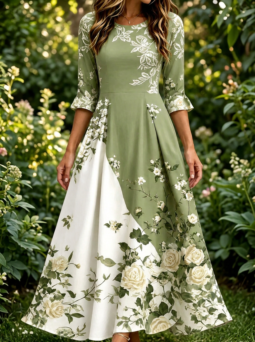Sage Garden Rose Pocket Maxi Dress