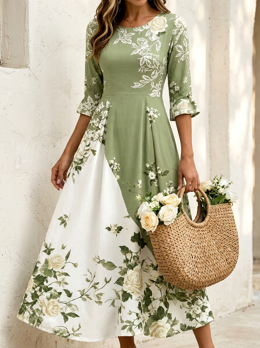 Sage Garden Rose Pocket Maxi Dress