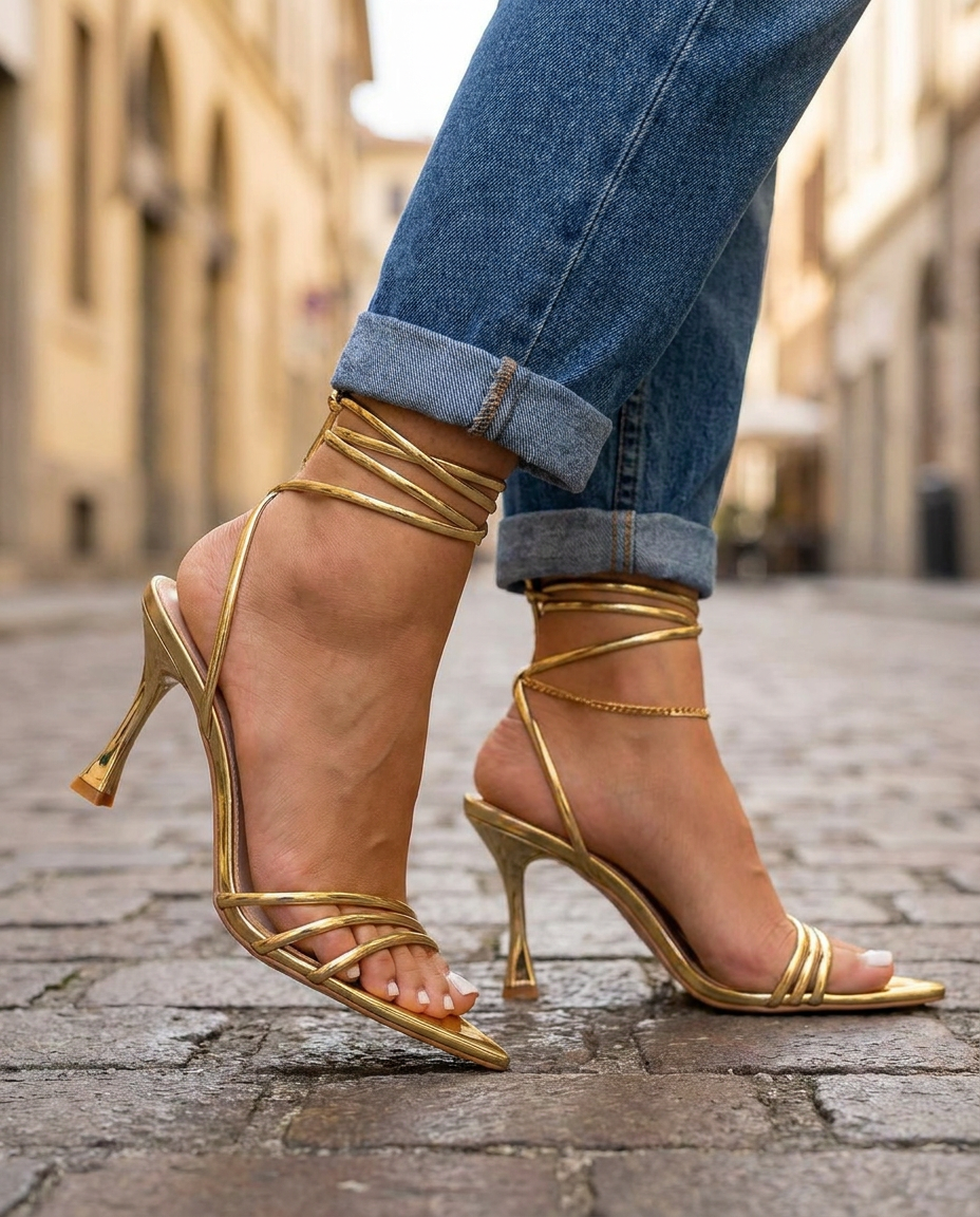 Serena | Gold Metallic Lace-Up Heels