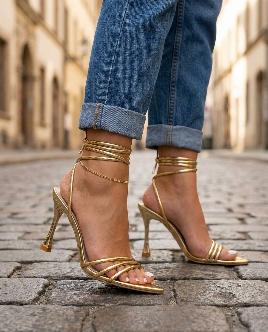 Serena | Gold Metallic Lace-Up Heels