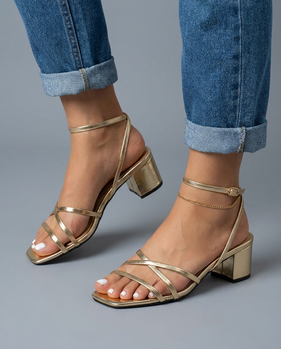 Lucia | Gold Metallic Crossover Block Heel Sandals