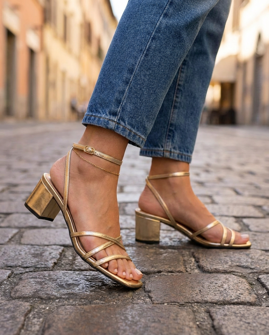 Lucia | Gold Metallic Crossover Block Heel Sandals