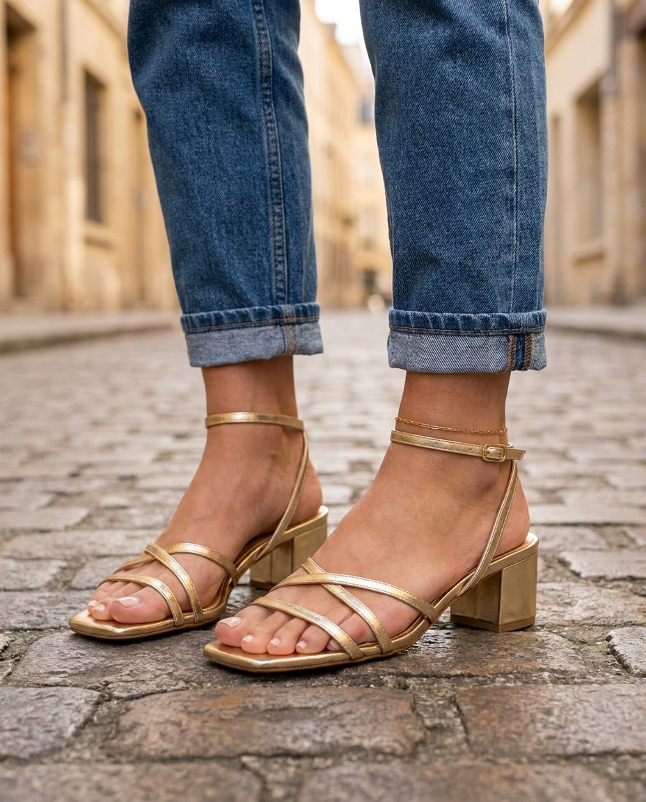 Lucia | Gold Metallic Crossover Block Heel Sandals