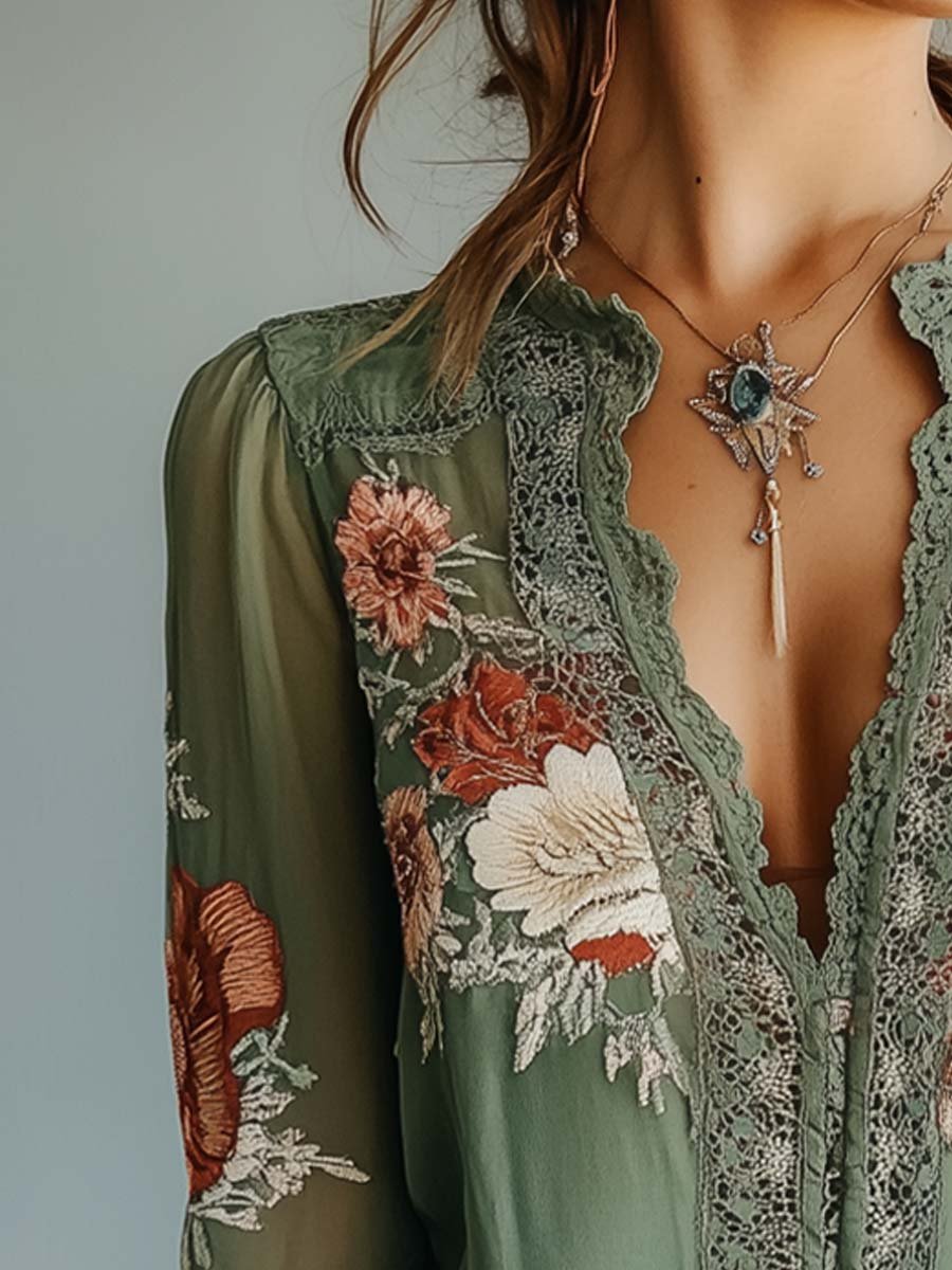 Boho Lace Trim Floral Blouse